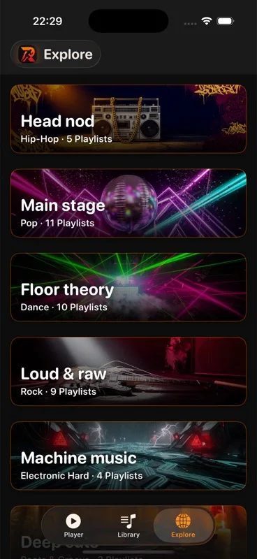 Browsing music styles in the RITMIK RUN app
