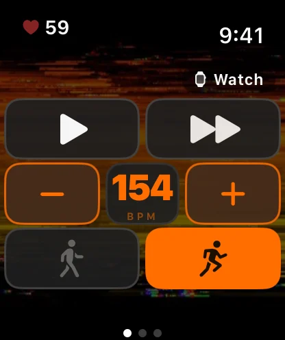 The Apple Watch app: play, skip, 154 BPM, Walking or Running